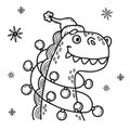 Funny winter dragon santa with Christmas garland. Vector illustration. outline hand drawing. Xmas design, holiday card, decor,