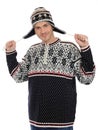 Funny winter men in warm hat and clothes. Royalty Free Stock Photo