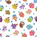 Funny winter owls vector seamless pattern. Christmas holiday background