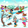 Funny winter scene with children and dogs