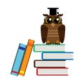 Funny wise owl and books. Vector illustration.