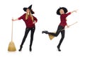 Funny witch with broom isolated on white Royalty Free Stock Photo