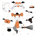 Funny witch, flying pumpkin and skull illustration