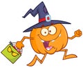 Funny Witch Pumpkin Cartoon Character Running With A Halloween Candy Basket