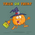 Funny Witch Pumpkin Cartoon Character Running With A Halloween Candy Basket Royalty Free Stock Photo