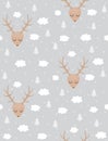 Lovely Deer Heads with Antlers. Simple Infantile Style Christmas Print.