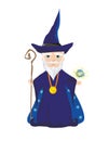 Funny wizard with a magic ball and a wand