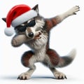 Funny wolf wearing a santa claus hat and sunglasses, doing the Dab dance