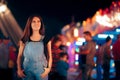 Funny Woman in Amusement Park Enjoying Funfair Celebration Royalty Free Stock Photo