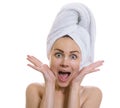 Funny woman after bathing screaming Royalty Free Stock Photo