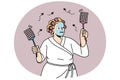 Funny woman in bathrobe chasing flies with swatters