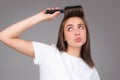 Funny Woman Brushing Hair With Comb. Beautiful Girl With Long Hair Hairbrush.