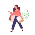 Funny woman carrying bags with purchases. Concept of shopping addiction, shopaholic behavior. Mental illness, behavioral