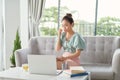 Funny woman chat pencil mustache expression on laptop computer Royalty Free Stock Photo