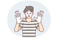 Woman clown with white face entertains people by acting as mime and touches screen. Vector image