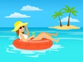Funny woman with cocktail relaxing floating on inflatable inner ring in tropical ocean water Royalty Free Stock Photo