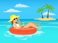 Funny woman with cocktail relaxing floating on inflatable inner ring in tropical ocean water