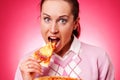 Funny woman eating pizza Royalty Free Stock Photo