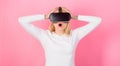 Funny woman experiencing 3D gadget technology - close up. Excited smiling businesswoman wearing virtual reality glasses Royalty Free Stock Photo