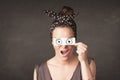 Funny woman looking with hand drawn paper eyes Royalty Free Stock Photo