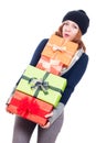 Funny woman with many presents
