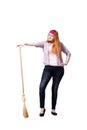 The funny woman with mop isolated on the white background Royalty Free Stock Photo