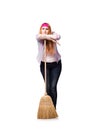 The funny woman with mop isolated on the white background Royalty Free Stock Photo