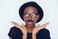 Funny, woman and mustache on face in studio with hipster fashion and creative model in background or mockup. Silly, nerd Royalty Free Stock Photo