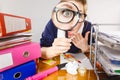 Funny woman office working secretary with magnifier Royalty Free Stock Photo