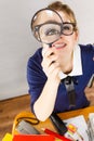 Funny woman office working secretary with magnifier Royalty Free Stock Photo