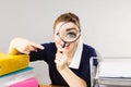 Funny woman office working secretary with magnifier Royalty Free Stock Photo