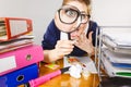 Funny woman office working secretary with magnifier Royalty Free Stock Photo