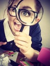 Funny woman office working secretary with magnifier Royalty Free Stock Photo