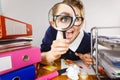 Funny woman office working secretary with magnifier Royalty Free Stock Photo