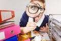 Funny woman office working secretary with magnifier Royalty Free Stock Photo