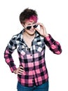 Funny woman with pink sunglasses