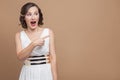 Funny woman pointing finger at copy space Royalty Free Stock Photo