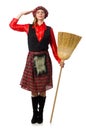 The funny woman in scottish clothing with broom