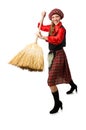 The funny woman in scottish clothing with broom