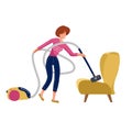 Funny woman vacuuming a sofa armchair on white background. Vacuum cleaner hose woman wraps around. Flat vector illustration Royalty Free Stock Photo