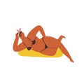 Funny women character on the beach relaxing taking sun bath. Body positive illustration.