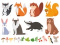 Funny wood animals. Wild forest animal, happy woodland fox and cute squirrel vector cartoon illustration set Royalty Free Stock Photo