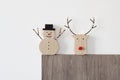 Funny wooden snowman and reindeer