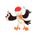 Funny woodpecker with dead and fork, bird cartoon character going to eat vector Illustration on a white background