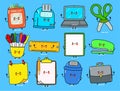 Funny happy work items characters bundle set. Vector hand drawn doodle. Ruler, Trash can, Stapler, Punch clock, Colored