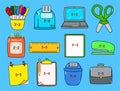 Funny happy work items characters bundle set. Vector hand drawn doodle. Ruler, Trash can, Stapler, Punch clock, Colored