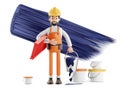 Funny worker or engineer with buckets of paint. Builder painter plasterer cartoon character, 3d Rendering