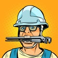 Funny working professional plumber with a wrench