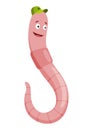 Funny worm. Pink crawler amazemented in cap. Earth worm cartoon character, wildlife nature. Insect for kids illustration