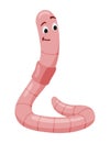 Funny worm. Pink crawler pensive. Earth worm cartoon character, wildlife nature. Insect for kids illustration